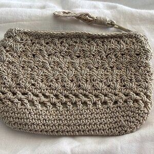 Beige Woven Straw-Style Zip Pouch with Braided Wristlet Strap